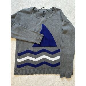 Eric+ lani Knit Sweater Women L Gray Blue Sailboat Round Neck Long Sleeves
